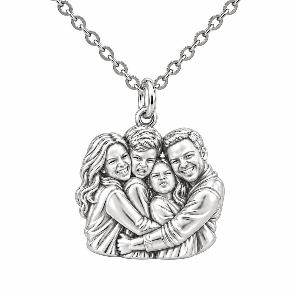 Family Portrait Hug Charm Necklace Set – silver, front view