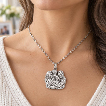 Family Portrait Hug Charm Necklace Set – worn / in use