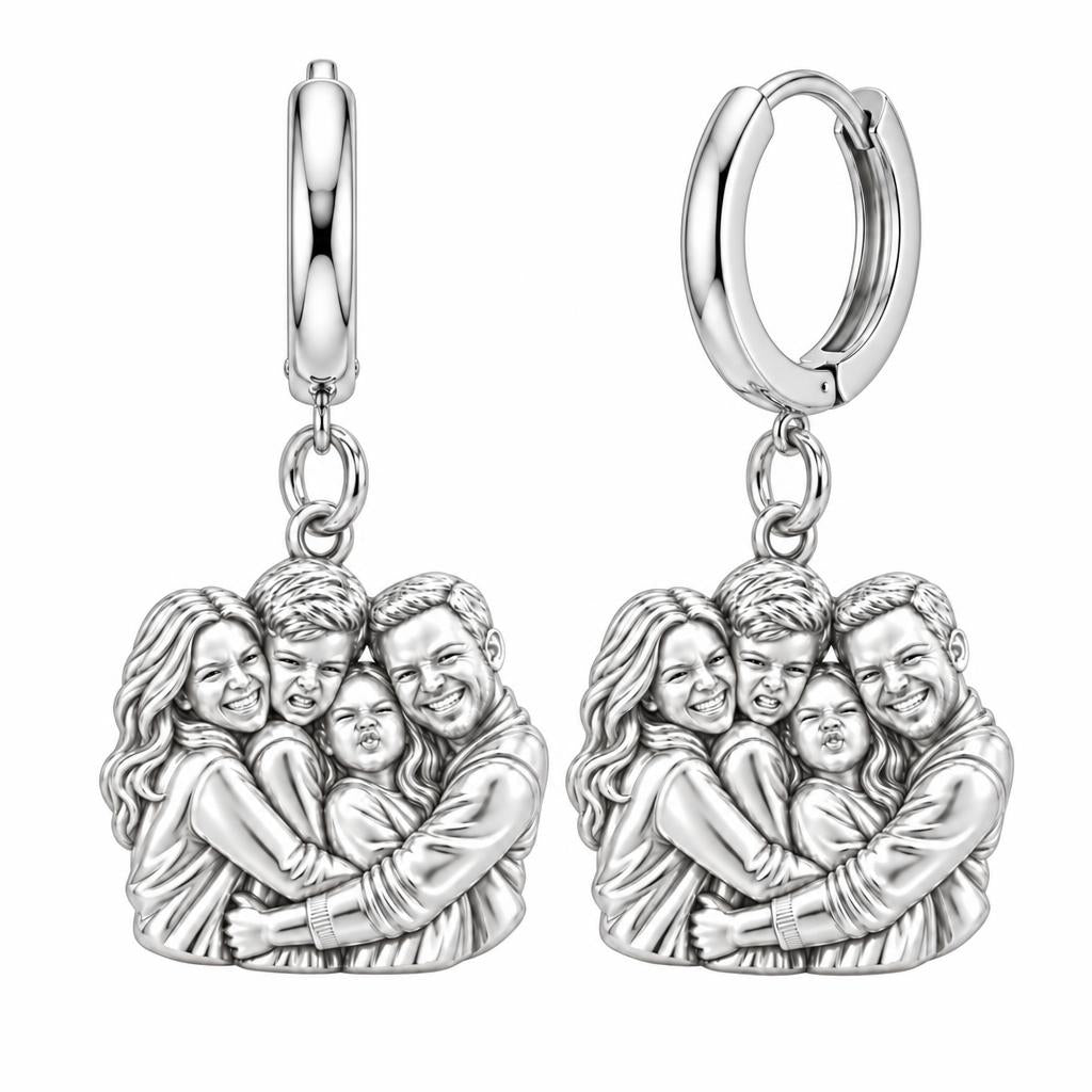 Family Portrait Hug Huggie Charm Earrings – silver, front view