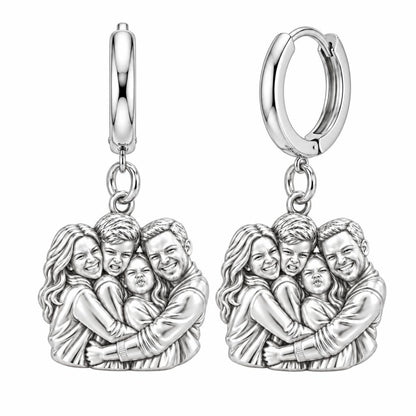 Family Portrait Hug Huggie Charm Earrings – silver, front view