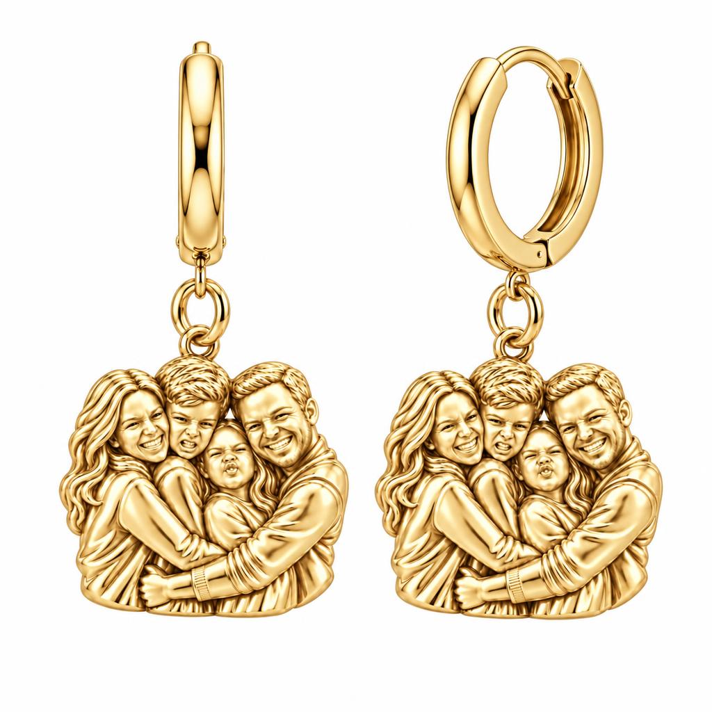 Family Portrait Hug Huggie Charm Earrings – 18K gold, front view