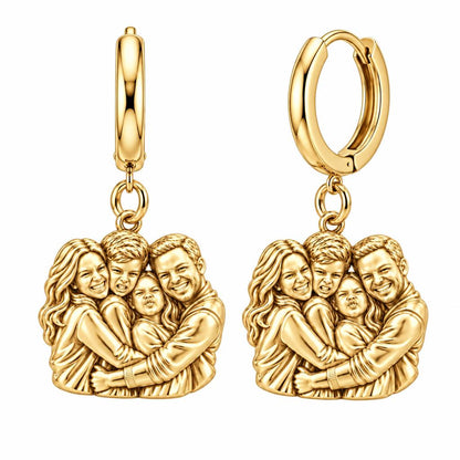 Family Portrait Hug Huggie Charm Earrings – 18K gold, front view