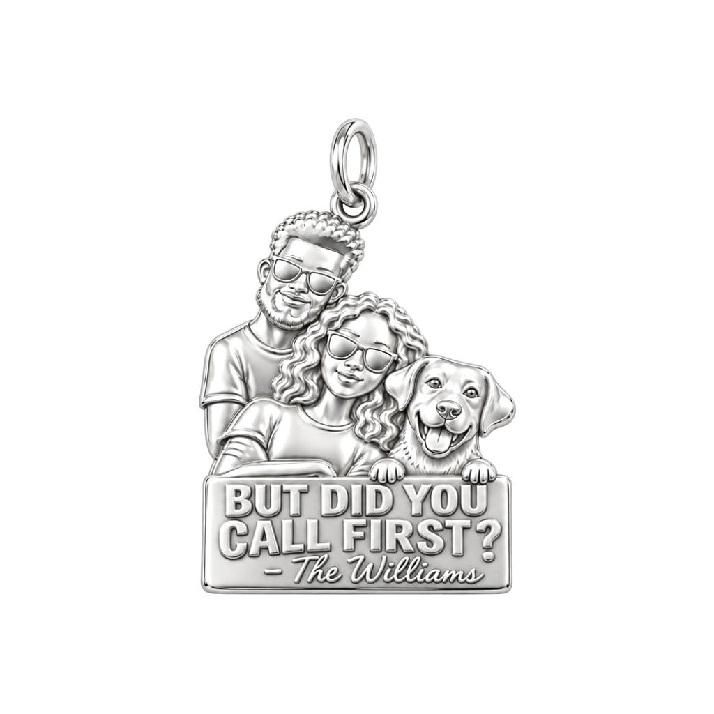 Family Portrait Sign Charm Bracelet – Personalized Couple Gift – silver plated 3 cm charm, front view