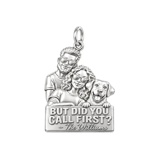 Family Portrait Sign Charm Bracelet – Personalized Couple Gift – silver plated 3 cm charm, front view