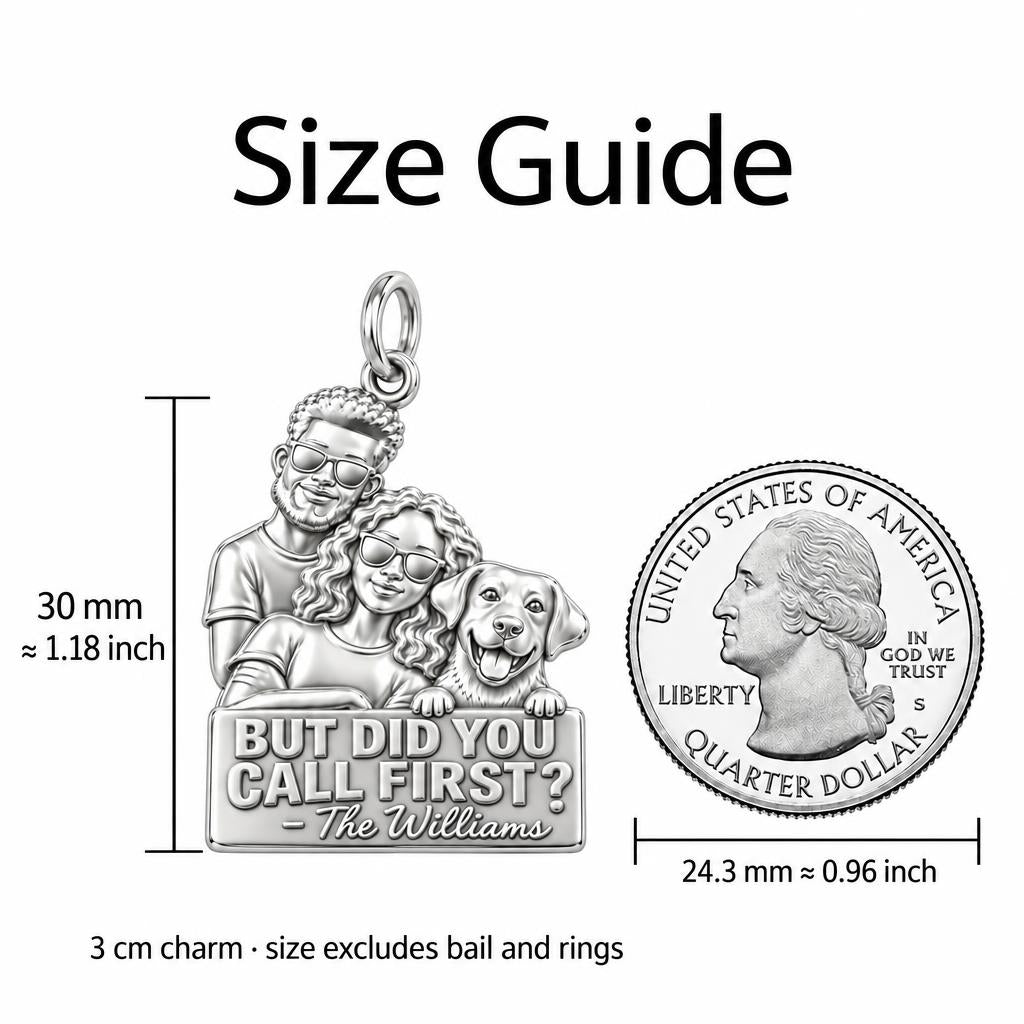 Family Portrait Sign Charm Bracelet – Personalized Couple Gift – size guide, 3 cm charm next to a quarter