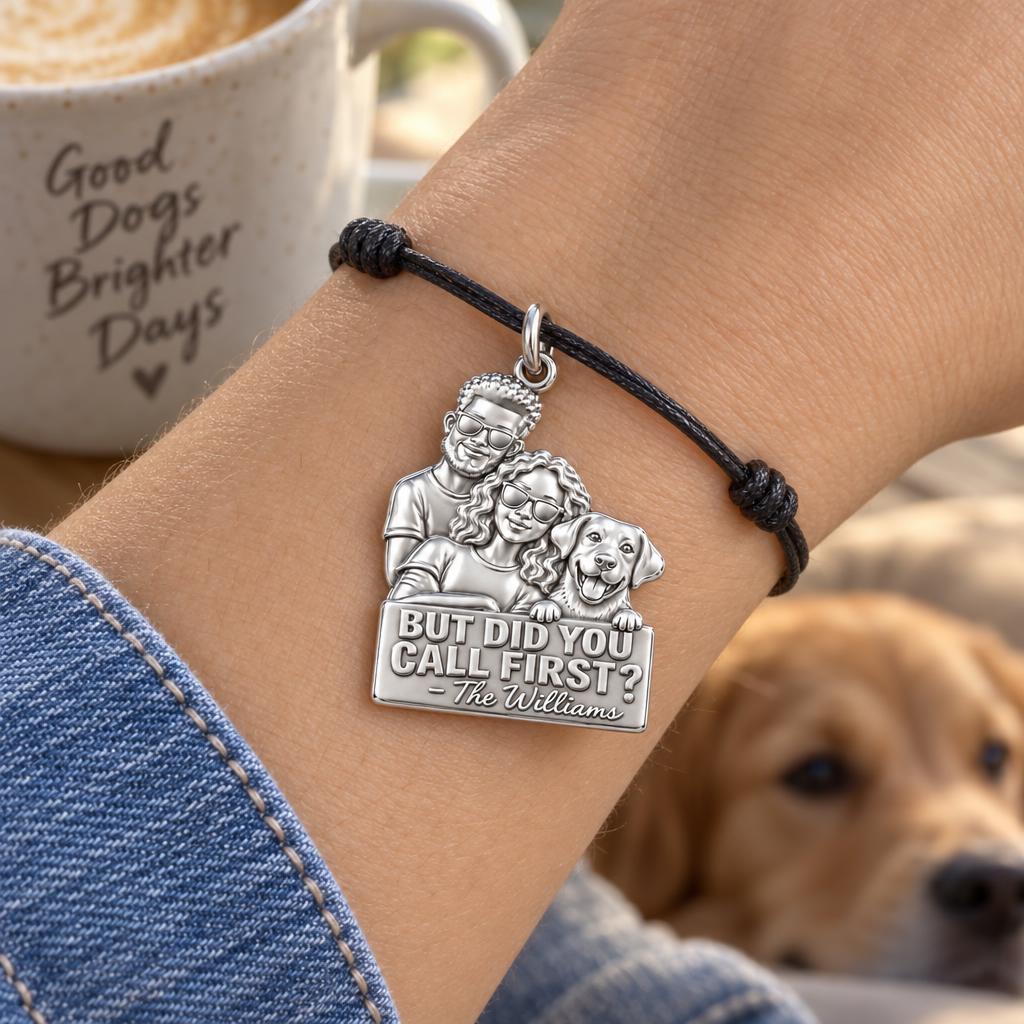 Family Portrait Sign Charm Bracelet – Personalized Couple Gift – worn on the wrist on a black cord bracelet