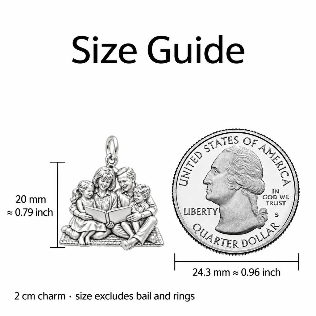 Family Storytime Charm Bracelet – Personalized Mom Gift – size guide, 2 cm charm next to a quarter