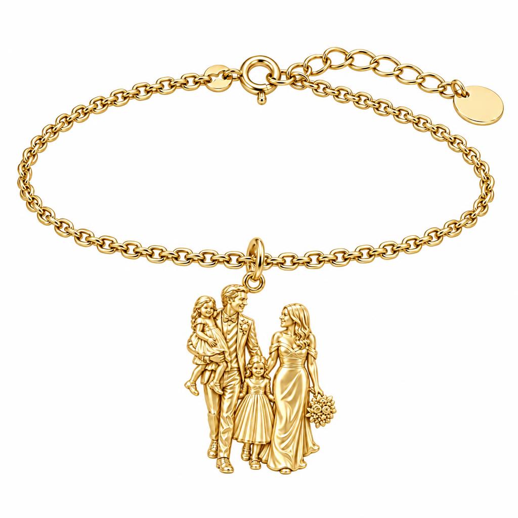 Family Wedding Portrait Charm Bracelet Set – 18K gold, front view