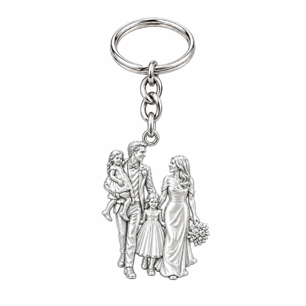 Family Wedding Portrait Charm Keychain – silver, front view