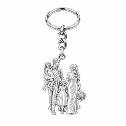 Family Wedding Portrait Charm Keychain – silver, front view