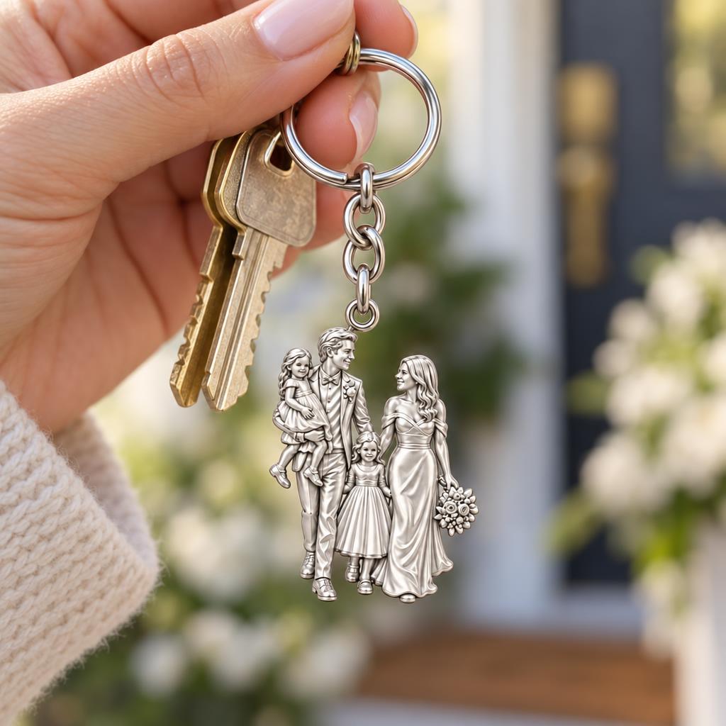 Family Wedding Portrait Charm Keychain – worn / in use