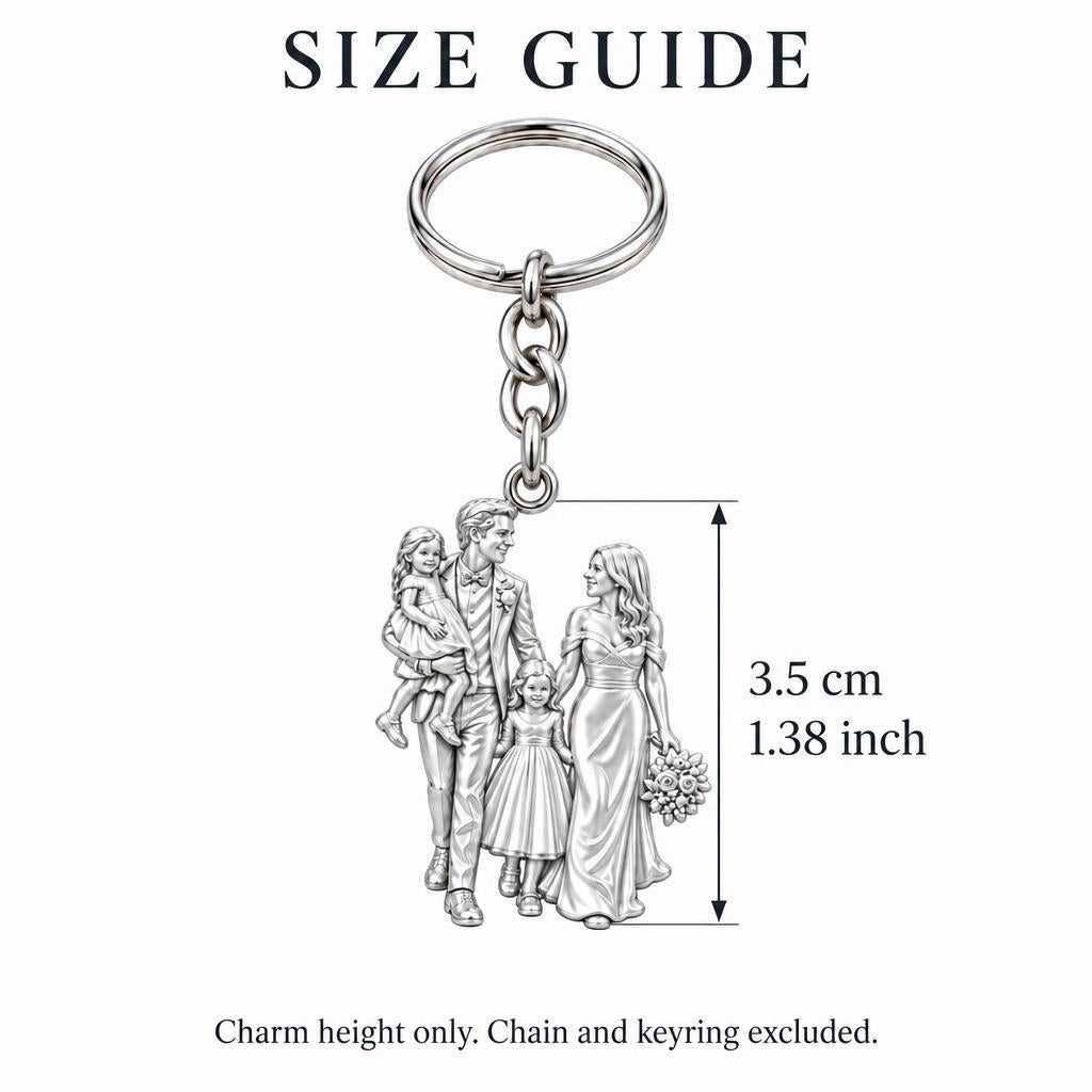 Family Wedding Portrait Charm Keychain – size guide, 3.5 cm (1.38 in) charm, chain and keyring excluded