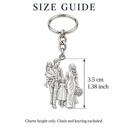 Family Wedding Portrait Charm Keychain – size guide, 3.5 cm (1.38 in) charm, chain and keyring excluded