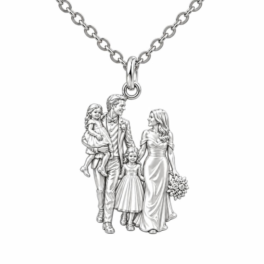 Family Wedding Portrait Charm Necklace Set – silver, front view
