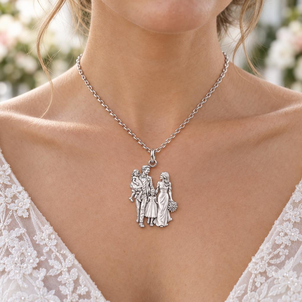 Family Wedding Portrait Charm Necklace Set – worn / in use