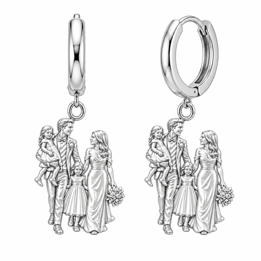 Family Wedding Portrait Huggie Charm Earrings – silver, front view