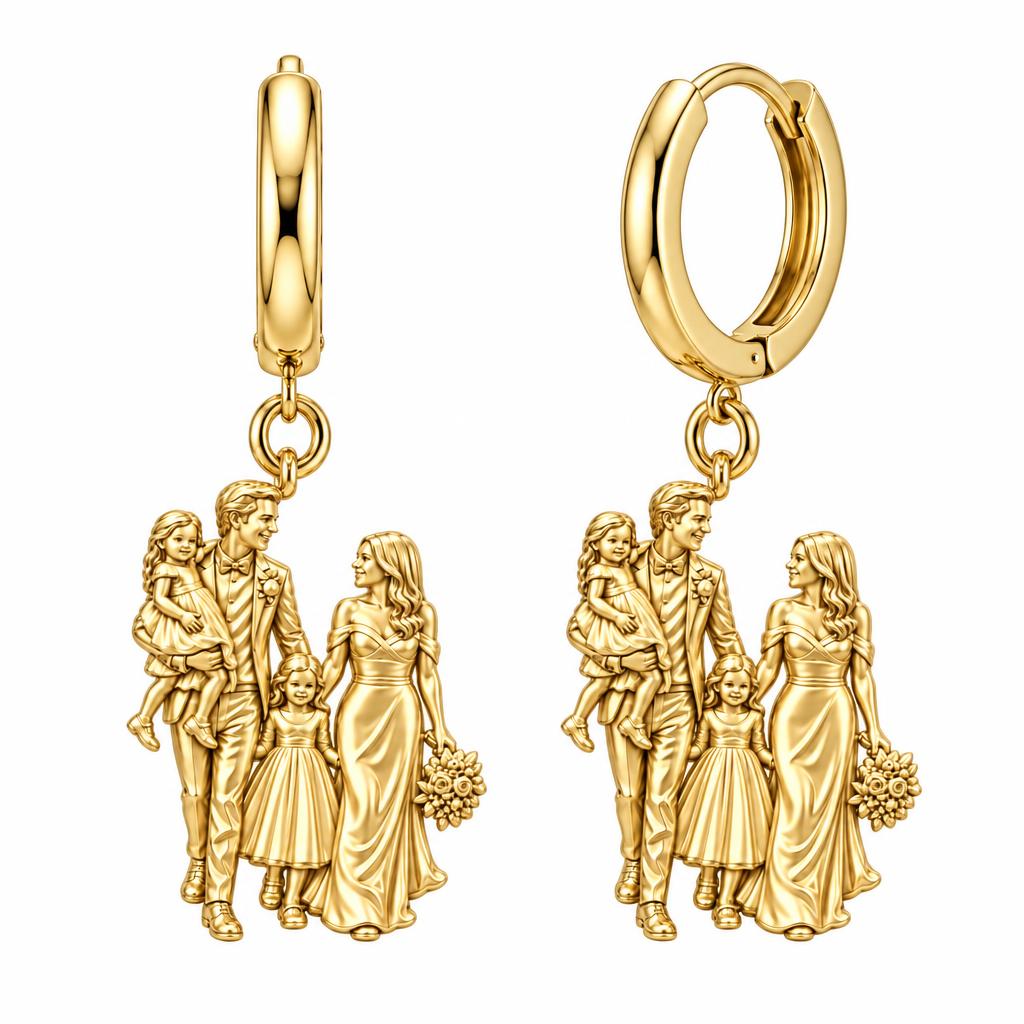 Family Wedding Portrait Huggie Charm Earrings – 18K gold, front view