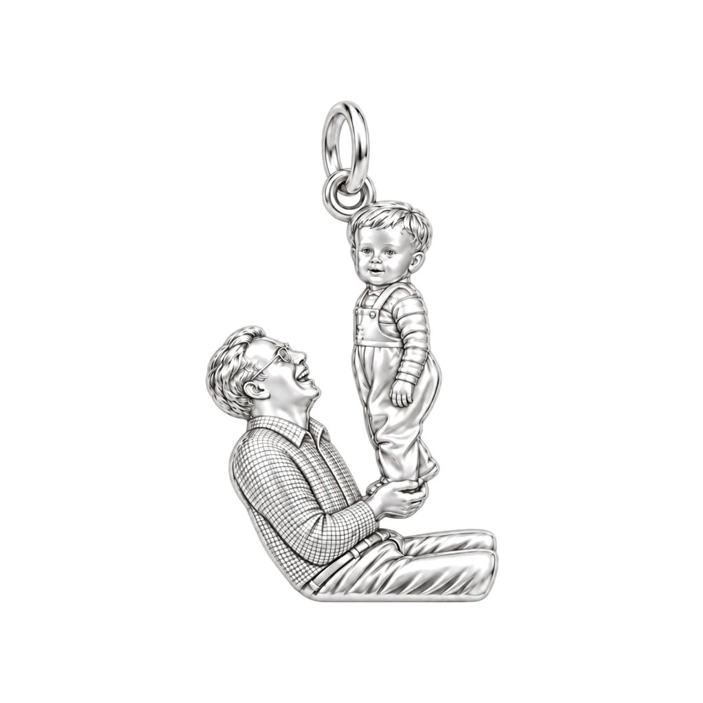 Father and Child Lifted High Charm Bracelet – Personalized Dad Gift – silver charm, front view