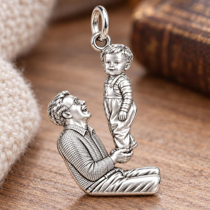 Father and Child Lifted High Charm Bracelet – Personalized Dad Gift – macro detail of the charm