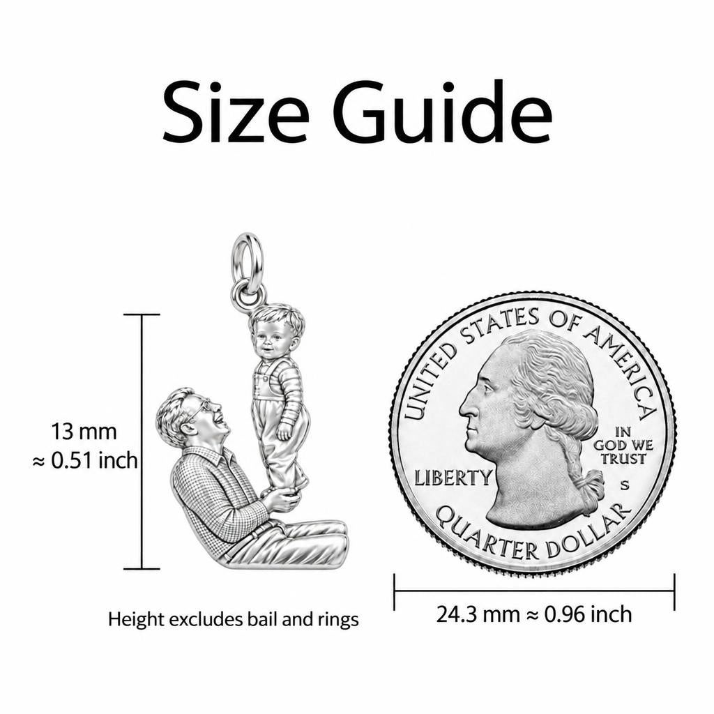 Father and Child Lifted High Charm Bracelet – Personalized Dad Gift – size guide, 13 mm charm next to a quarter