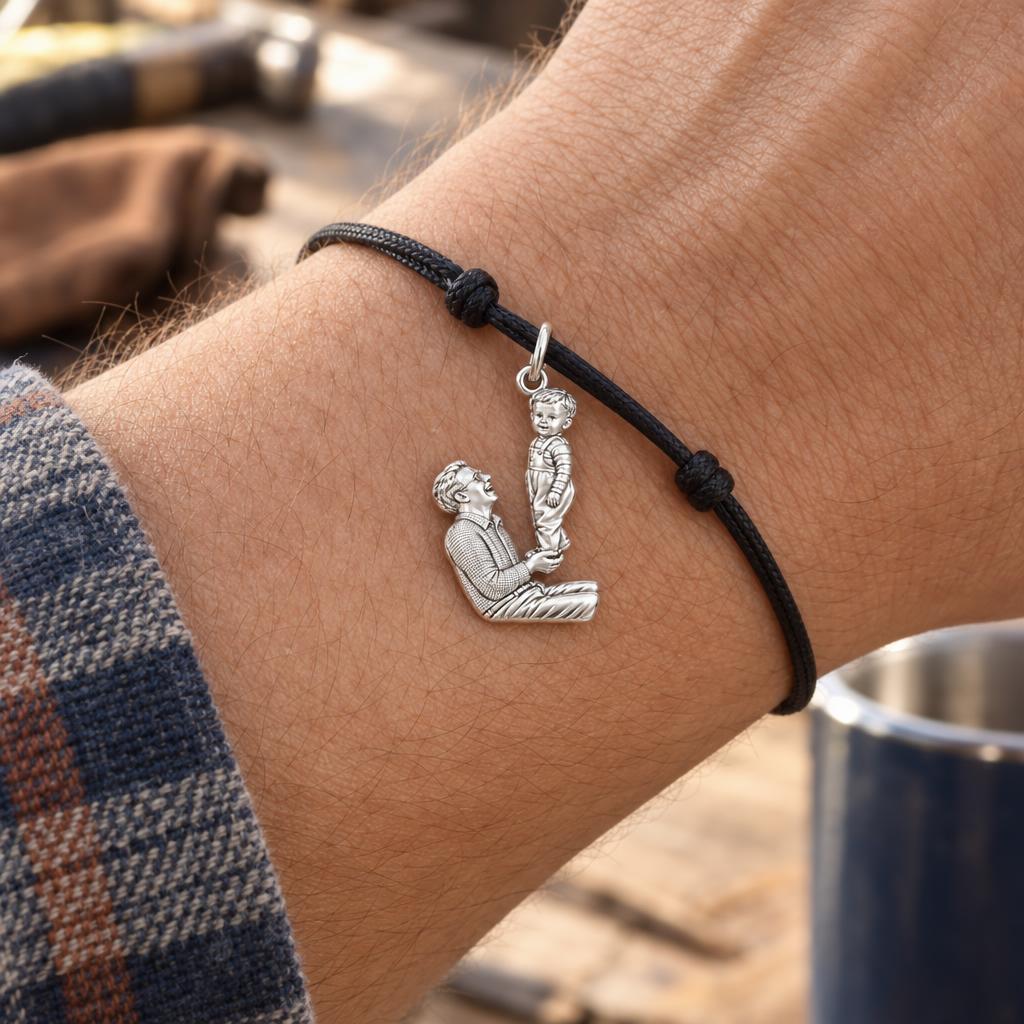 Father and Child Lifted High Charm Bracelet – Personalized Dad Gift – worn on the wrist on a black cord bracelet