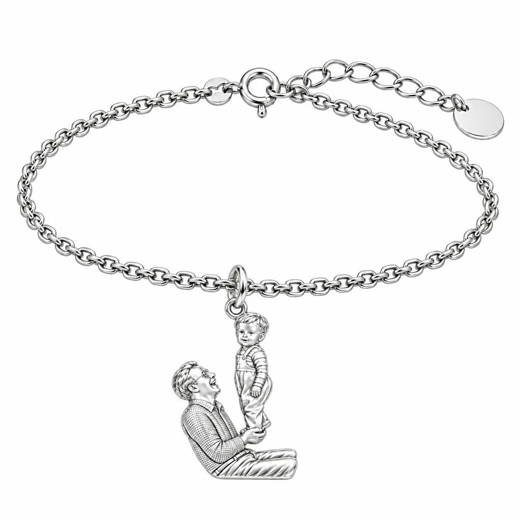 Father and Child Lifted High Charm Bracelet Set – silver, front view