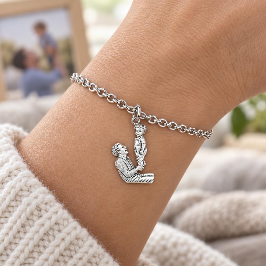 Father and Child Lifted High Charm Bracelet Set – worn / in use