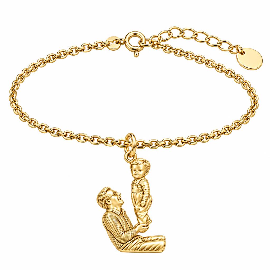 Father and Child Lifted High Charm Bracelet Set – 18K gold, front view