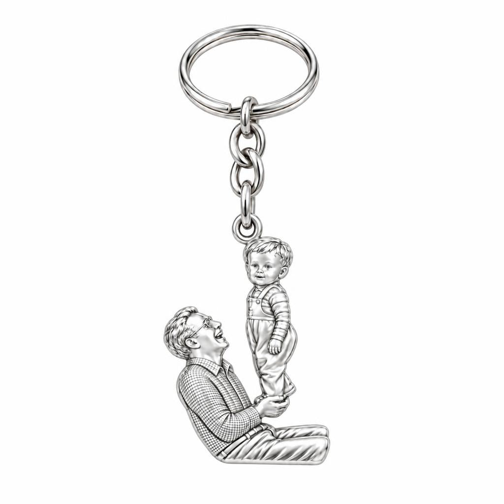 Father and Child Lifted High Charm Keychain – silver, front view