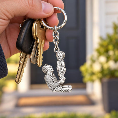 Father and Child Lifted High Charm Keychain – worn / in use
