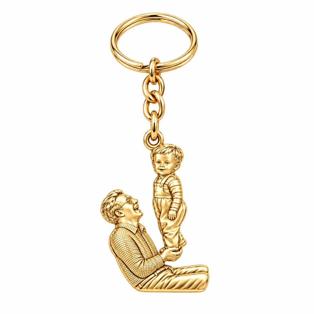 Father and Child Lifted High Charm Keychain – 18K gold, front view