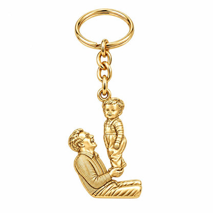 Father and Child Lifted High Charm Keychain – 18K gold, front view