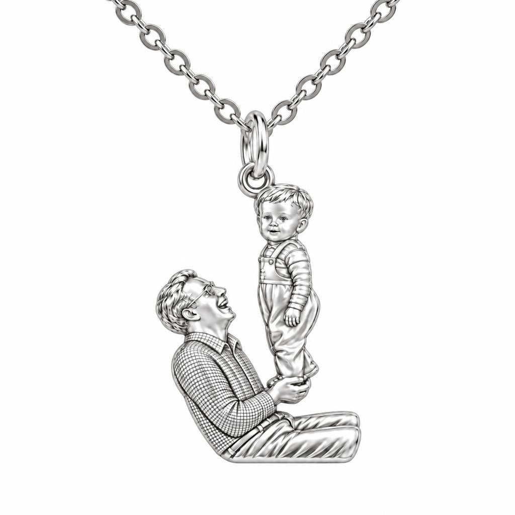 Father and Child Lifted High Charm Necklace Set – silver, front view