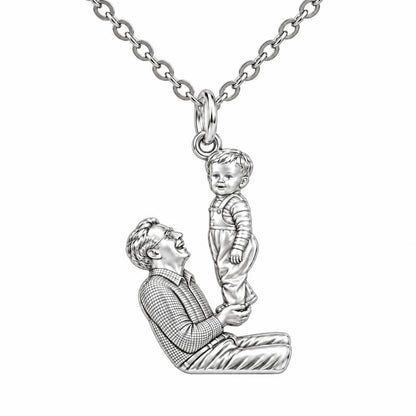Father and Child Lifted High Charm Necklace Set – silver, front view
