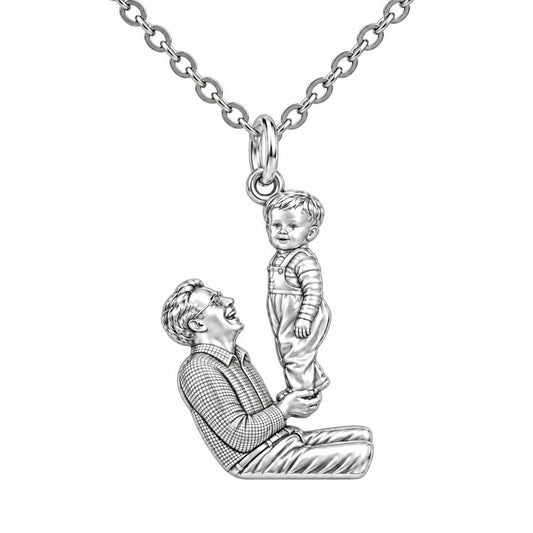 Father and Child Lifted High Charm Necklace Set – silver, front view