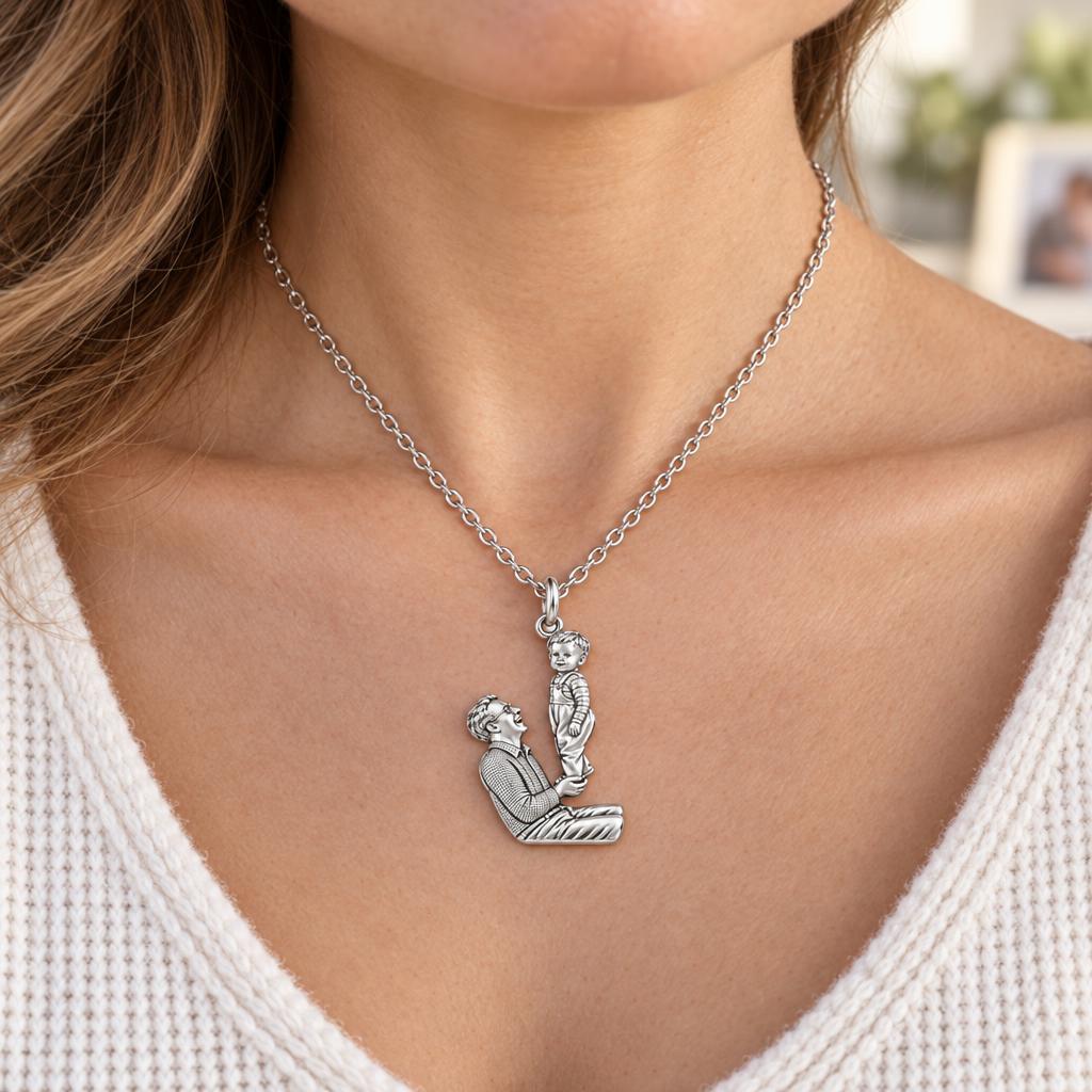 Father and Child Lifted High Charm Necklace Set – worn / in use