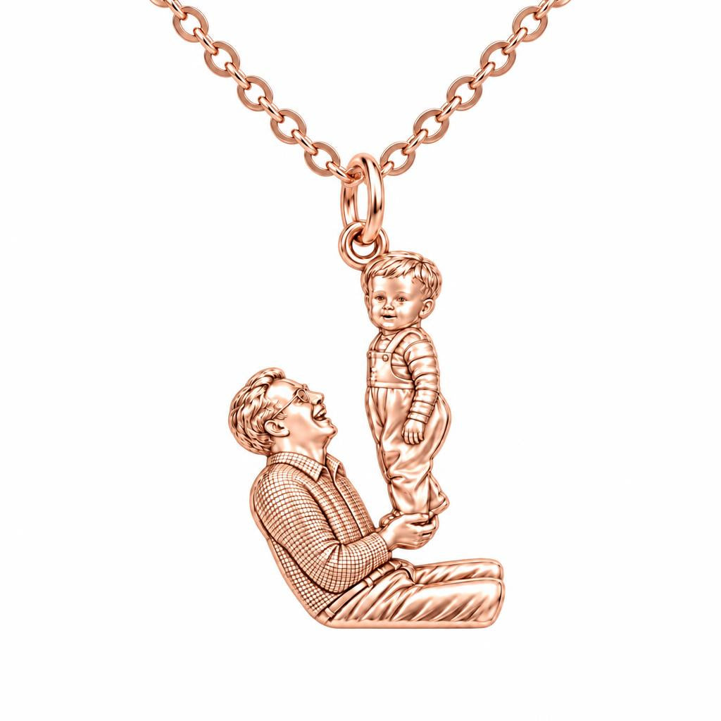 Father and Child Lifted High Charm Necklace Set – rose gold, front view