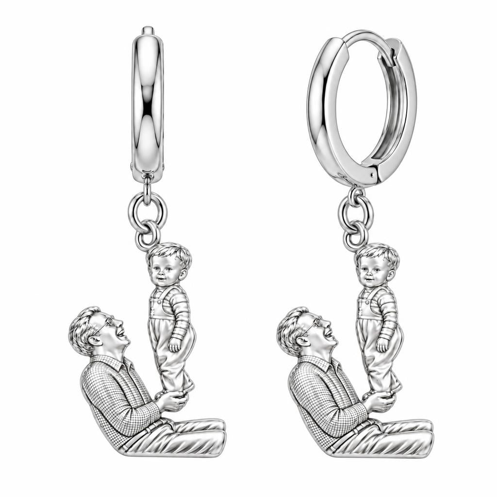 Father and Child Lifted High Huggie Charm Earrings – silver, front view