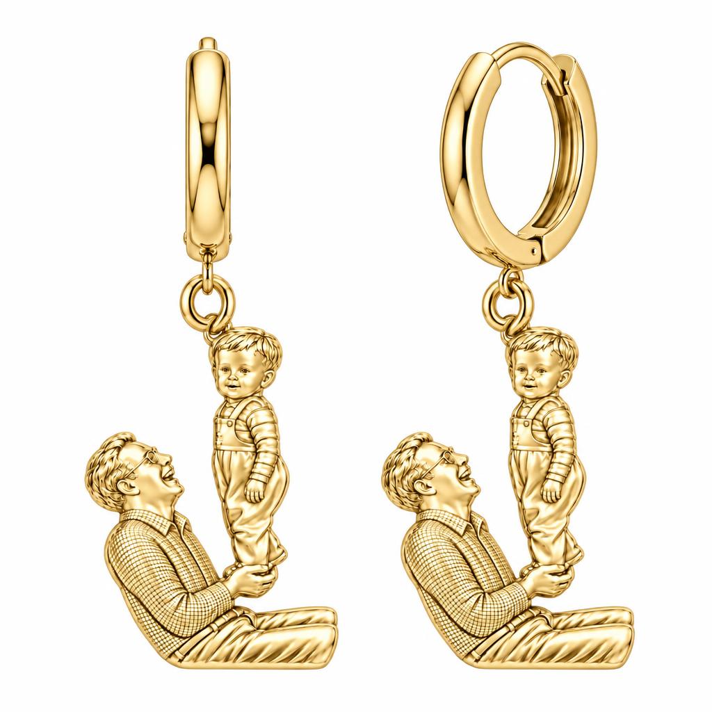 Father and Child Lifted High Huggie Charm Earrings – 18K gold, front view