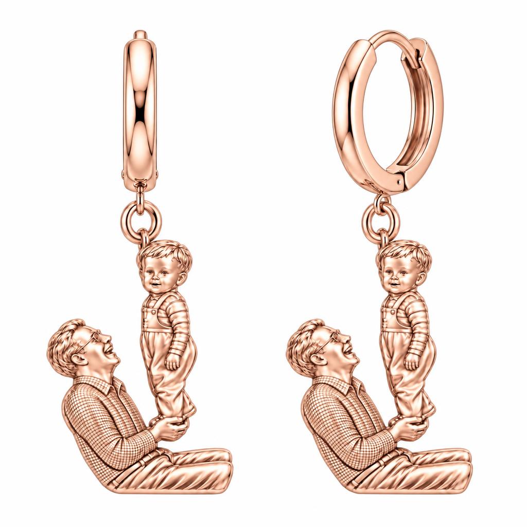 Father and Child Lifted High Huggie Charm Earrings – rose gold, front view
