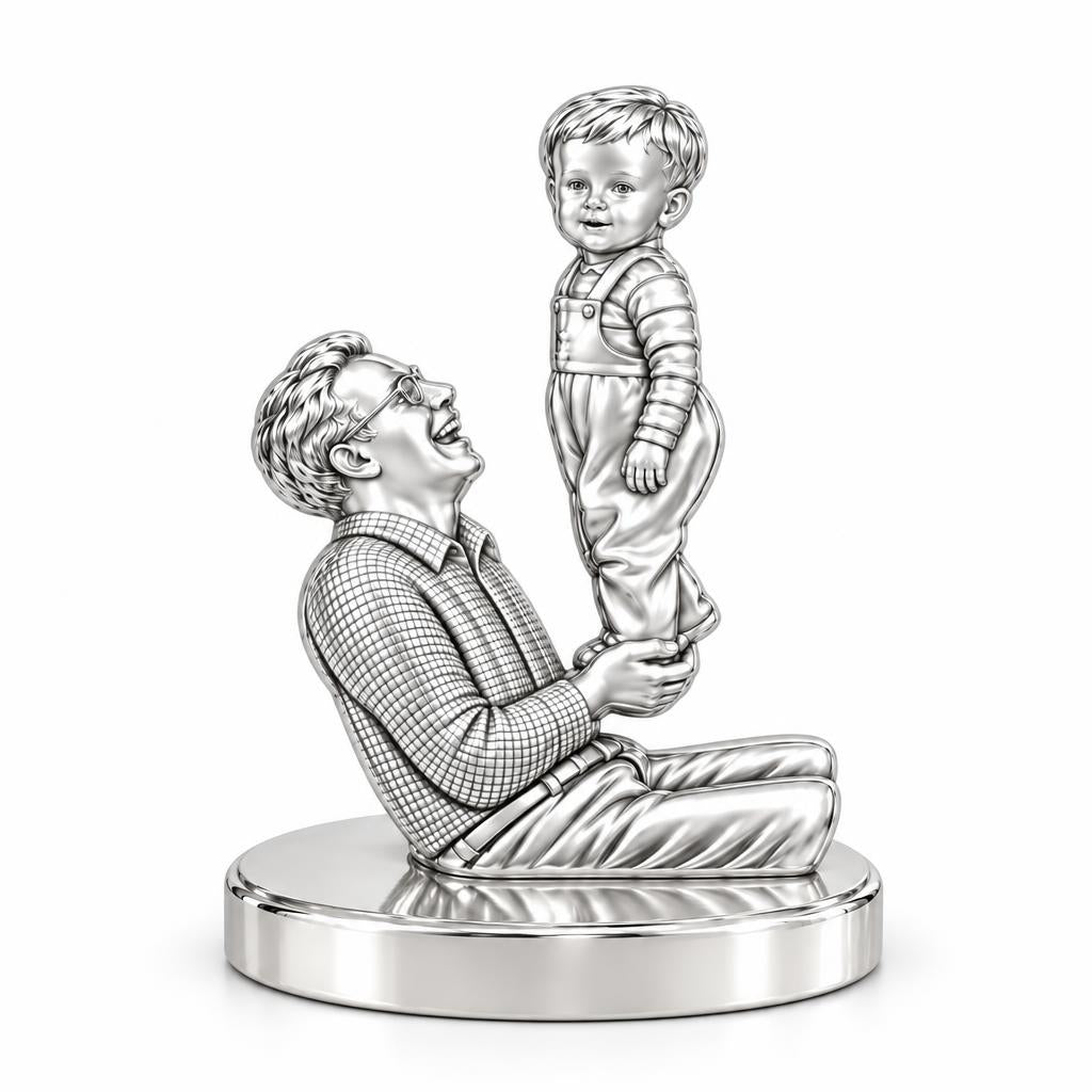 Father and Child Lifted High Keepsake Plaque – silver, front view