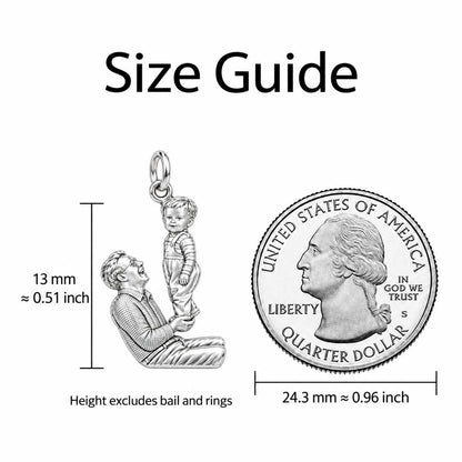 Father and Child Lifted High Keepsake Plaque – size guide, 13 mm charm next to a quarter