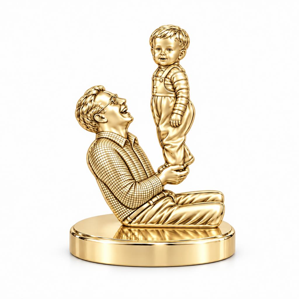 Father and Child Lifted High Keepsake Plaque – 18K gold, front view