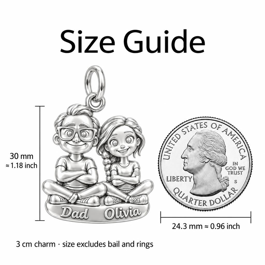 Father and Daughter Charm Bracelet – Personalized Couple Gift – size guide, 3 cm charm next to a quarter