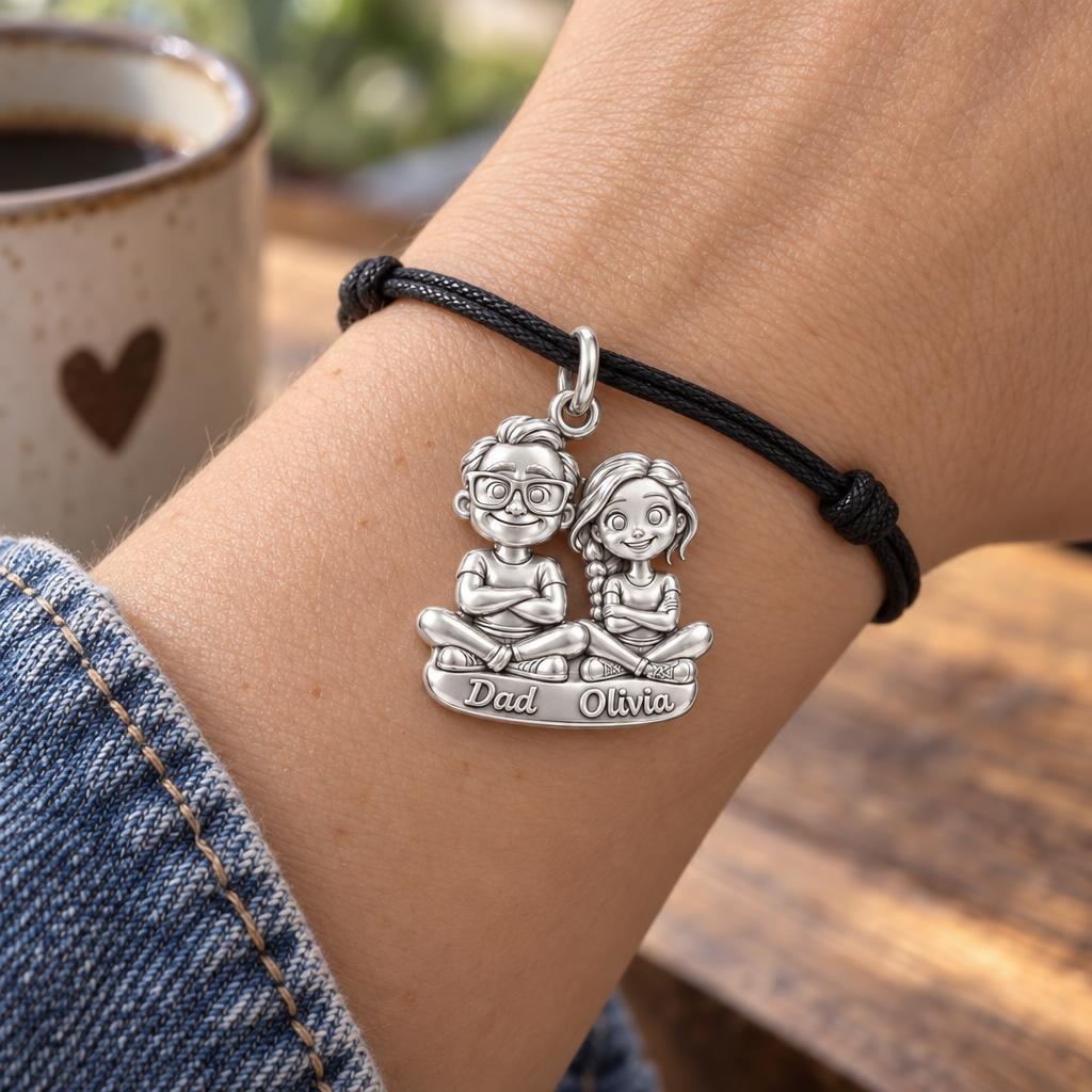 Father and Daughter Charm Bracelet – Personalized Couple Gift – worn on the wrist on a black cord bracelet
