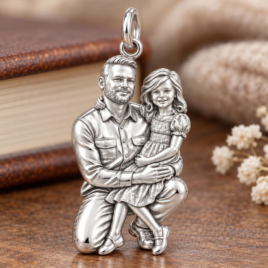 Father and Daughter Portrait Charm Bracelet – Personalized Photo Gift – macro detail of the charm