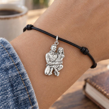 Father and Daughter Portrait Charm Bracelet – Personalized Photo Gift – worn on the wrist on a black cord bracelet