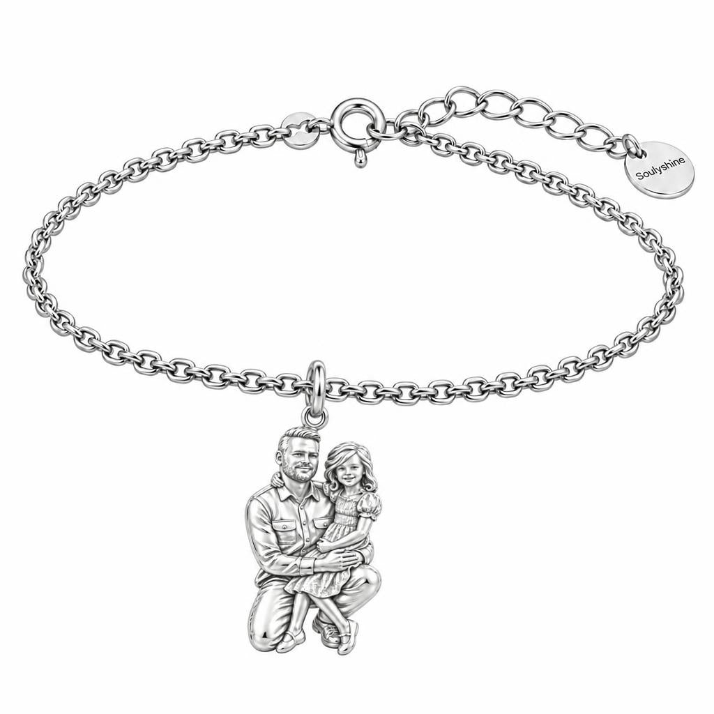 Father and Daughter Portrait Charm Bracelet Set – silver, front view