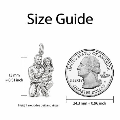 Father and Daughter Portrait Charm Bracelet Set – size guide, 13 mm charm next to a quarter