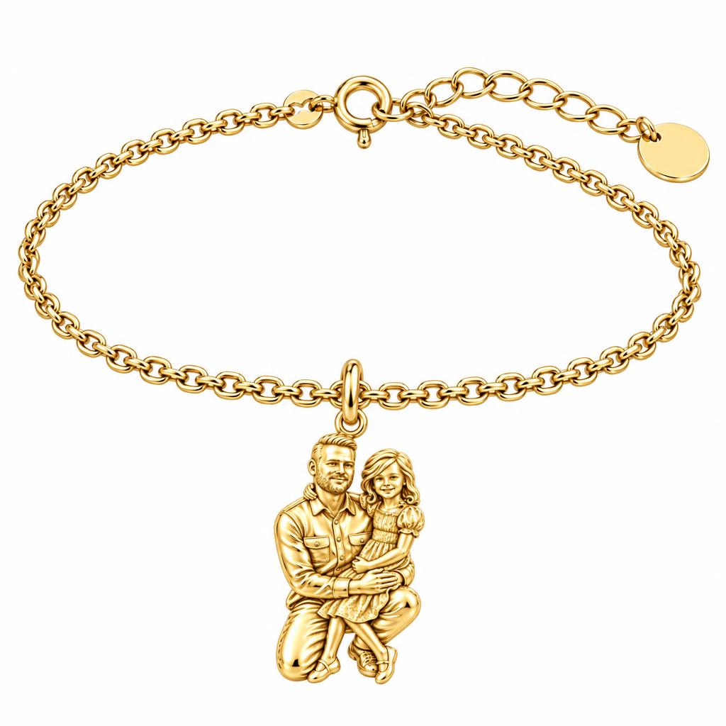 Father and Daughter Portrait Charm Bracelet Set – 18K gold, front view